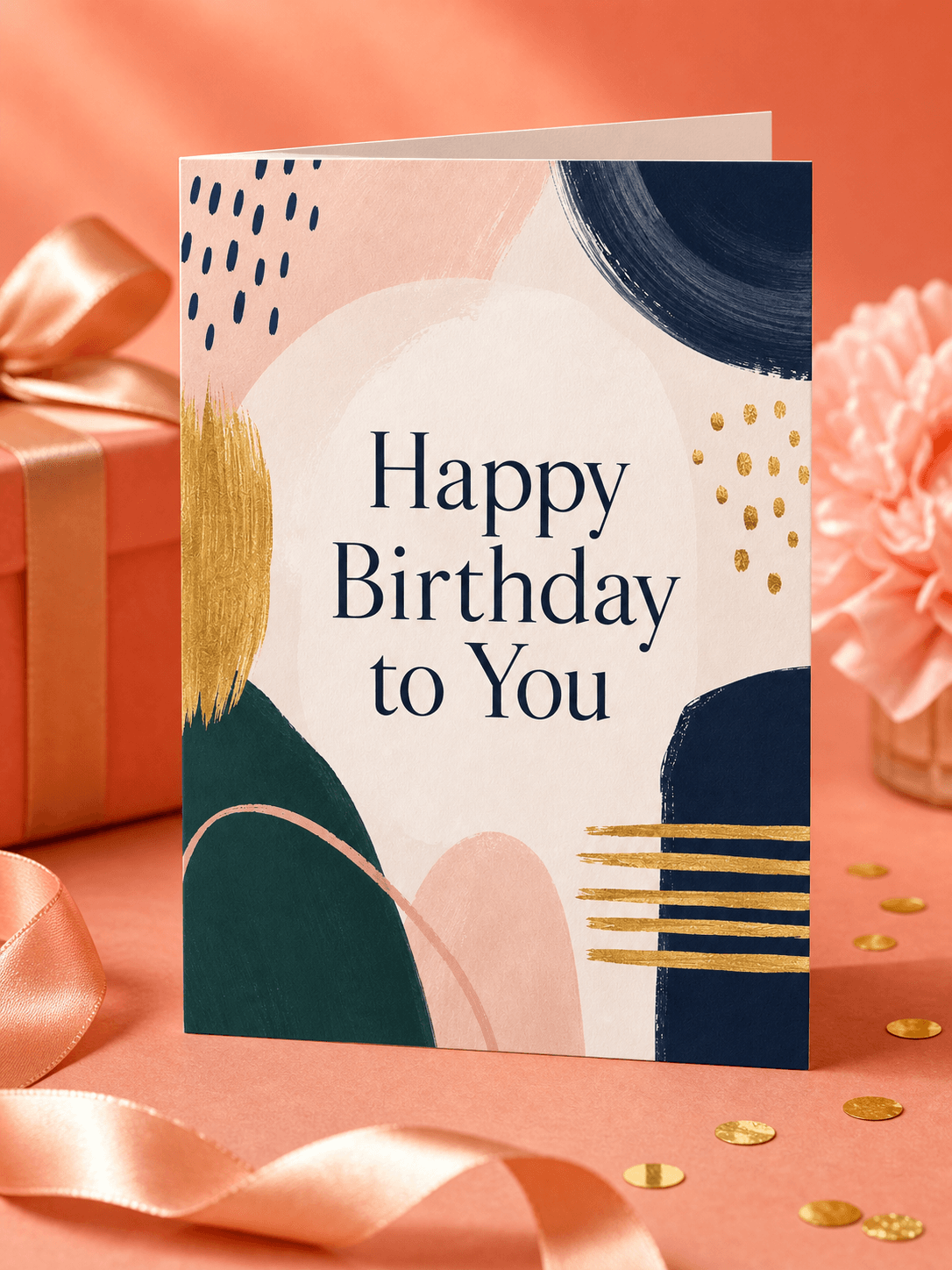 Abstract Happy Birthday to You card photographed in a coral celebration setting