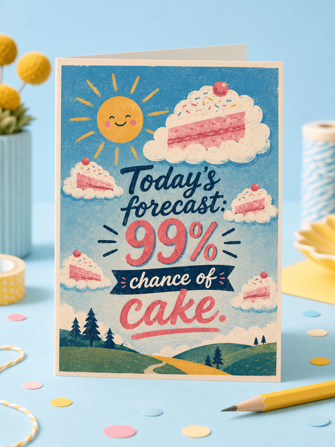 Today's forecast cake birthday card photographed in a blue artist studio