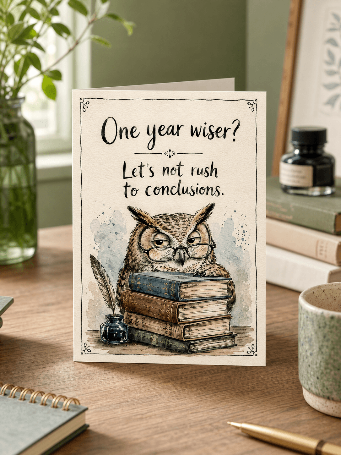 One year wiser owl birthday card photographed in a sage-green reading nook